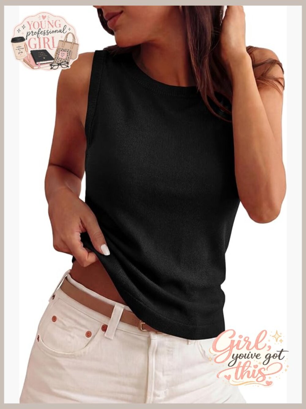 Ribbed Knit Sleeveless Tank Top Crew Neck Business Casual Blouse
